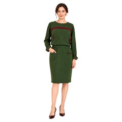 1970s Valentino Boutique Olive Green Wool Dress with Burgundy Trim Made in Italy