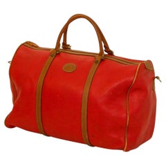 Vintage French Red Pebbled-Leather Weekender Duffle Bag with Brown Trim