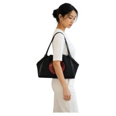 Vintage Kenzo Black Nylon Shoulder Bag with Red Resin Koi Fish Kamon, 1990s