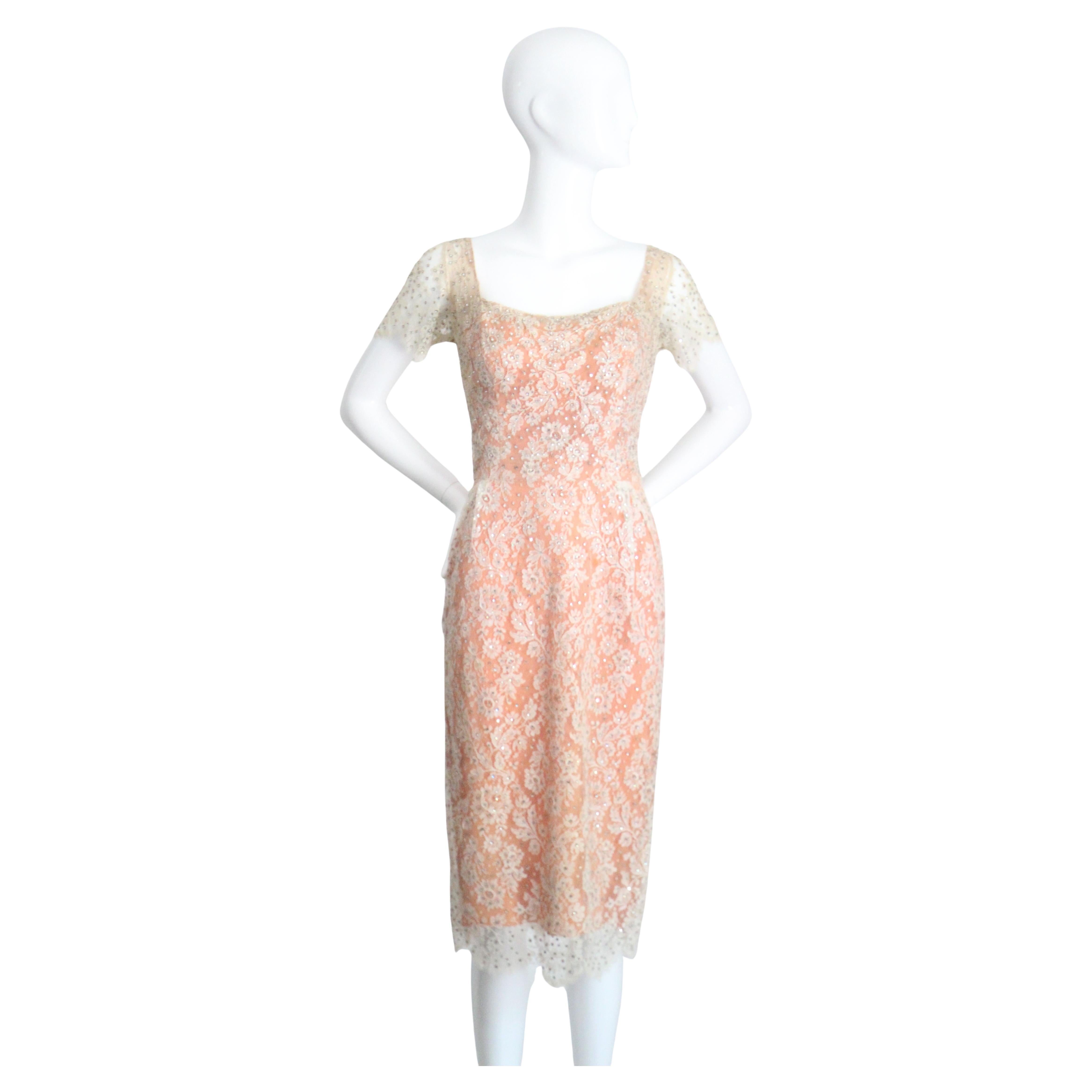 Vintage 1950er Howard Greer Kleid mit Spitze und Strassverzierung, UK 8 US 4