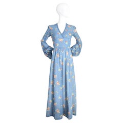 Vintage anni '70, Valery Goad Blu, floreale con maniche a palloncino, Maxi Dress UK 8 US 4
