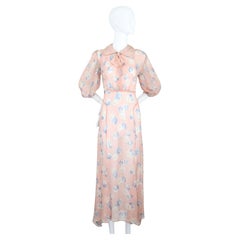 Vintage 1930's Rosa rubor Azul Floral Vestido de día Lazo 1930's Vestido de rayón UK 8 US 4