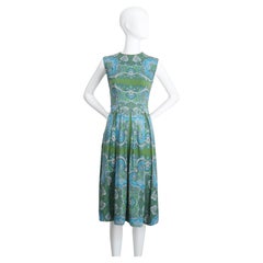 Vintage 1960's cotton paisley dress aqua coloured day dress box pleat UK 10 US 6