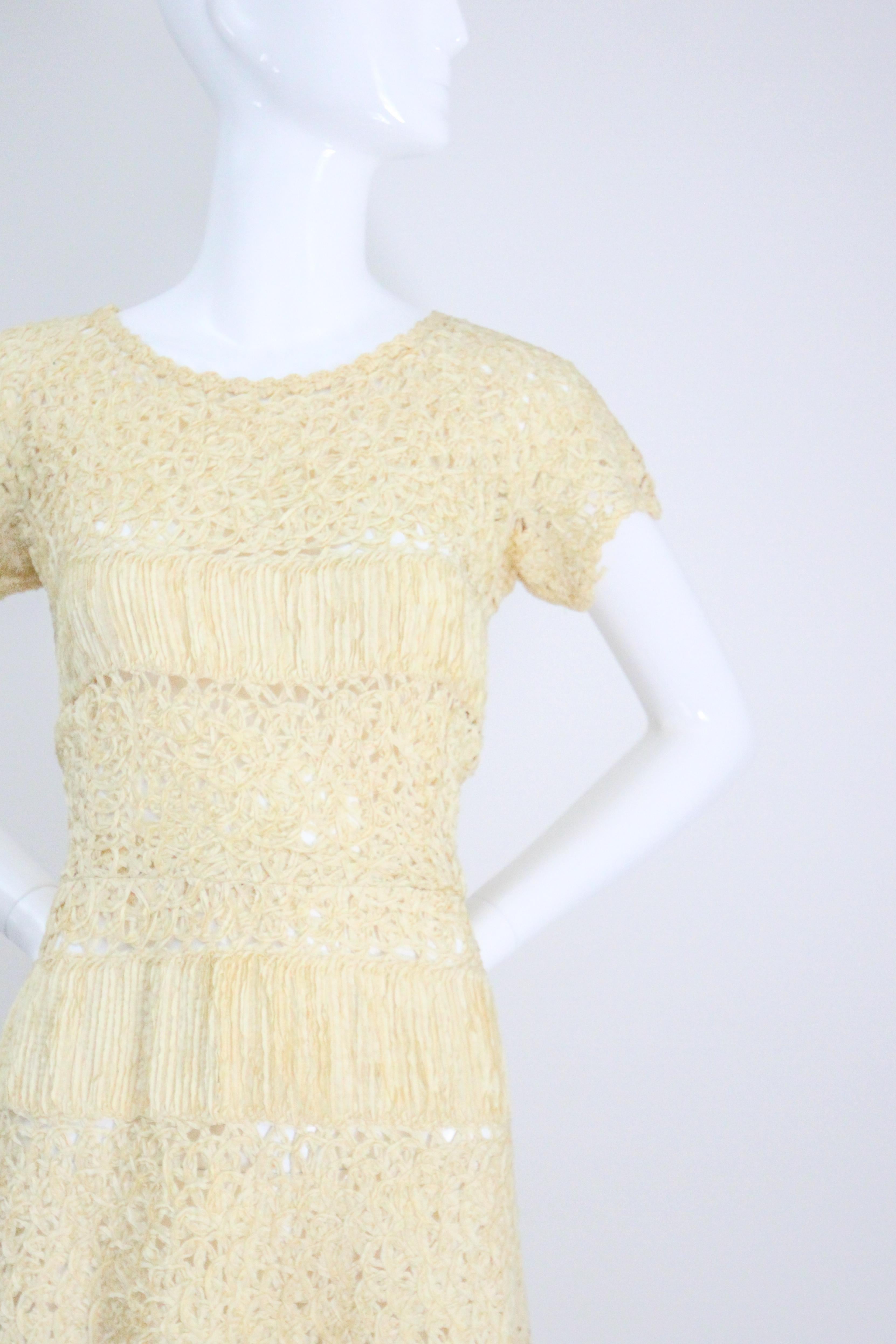 Robe vintage tissée à rubans jaunes crème beurre des années 1950 GB 12 US 8 Pour femmes en vente
