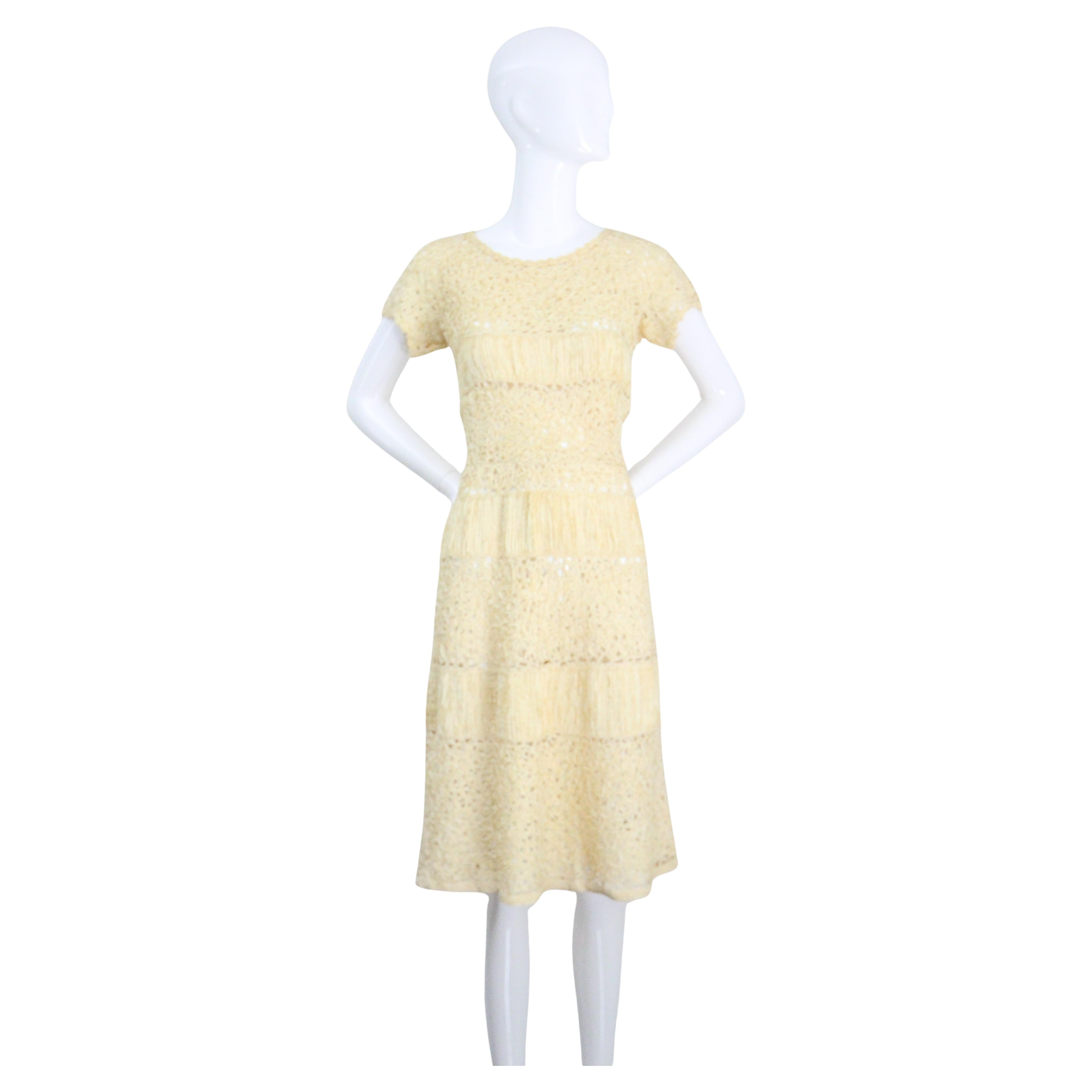 Robe vintage tissée à rubans jaunes crème beurre des années 1950 GB 12 US 8