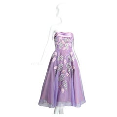 Vintage 1950's Lilas Robe florale perlée et veste assortie fifties UK 8 US 4