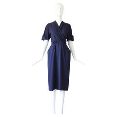 Vintage By 1940, abito a pieghe in crepe di seta blu navy con bottoni sul retro UK 10 US 6