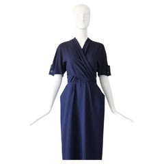 Vintage 1940's Navy blue crepe silk pleated dress buttons back UK 10 US 6
