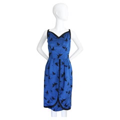 Vintage 1950's Cobalt Blue Satin Beaded Cocktail Dress Butterfly UK 6-8 US 2-4