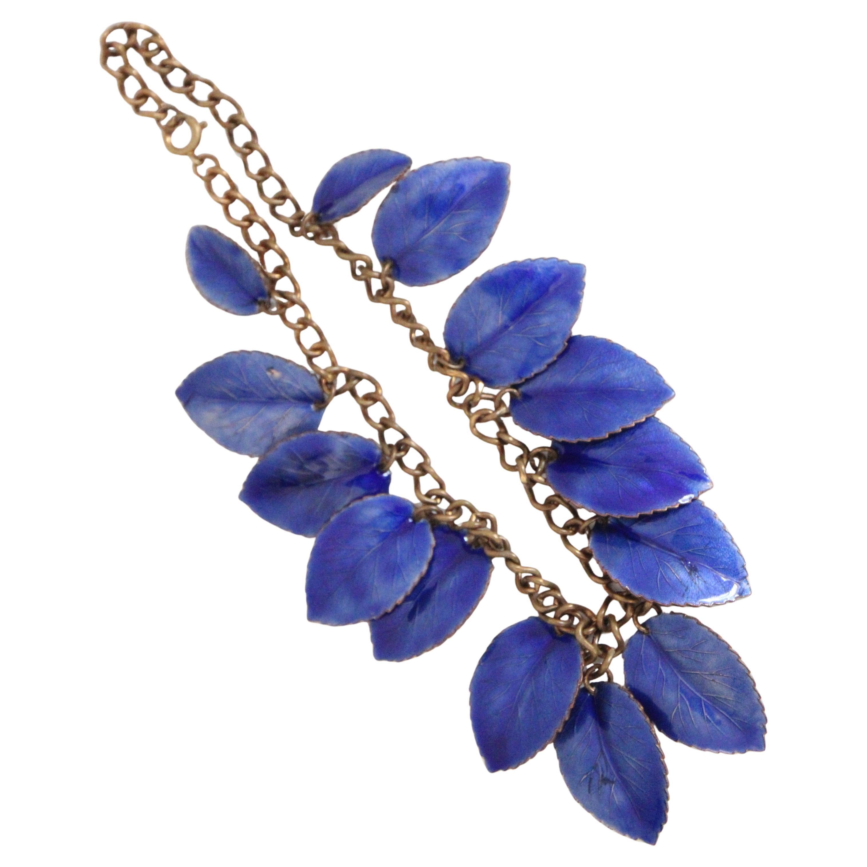Vintage 1940's Enamel and Copper Lapis Blue Leaf Necklace charm necklace
