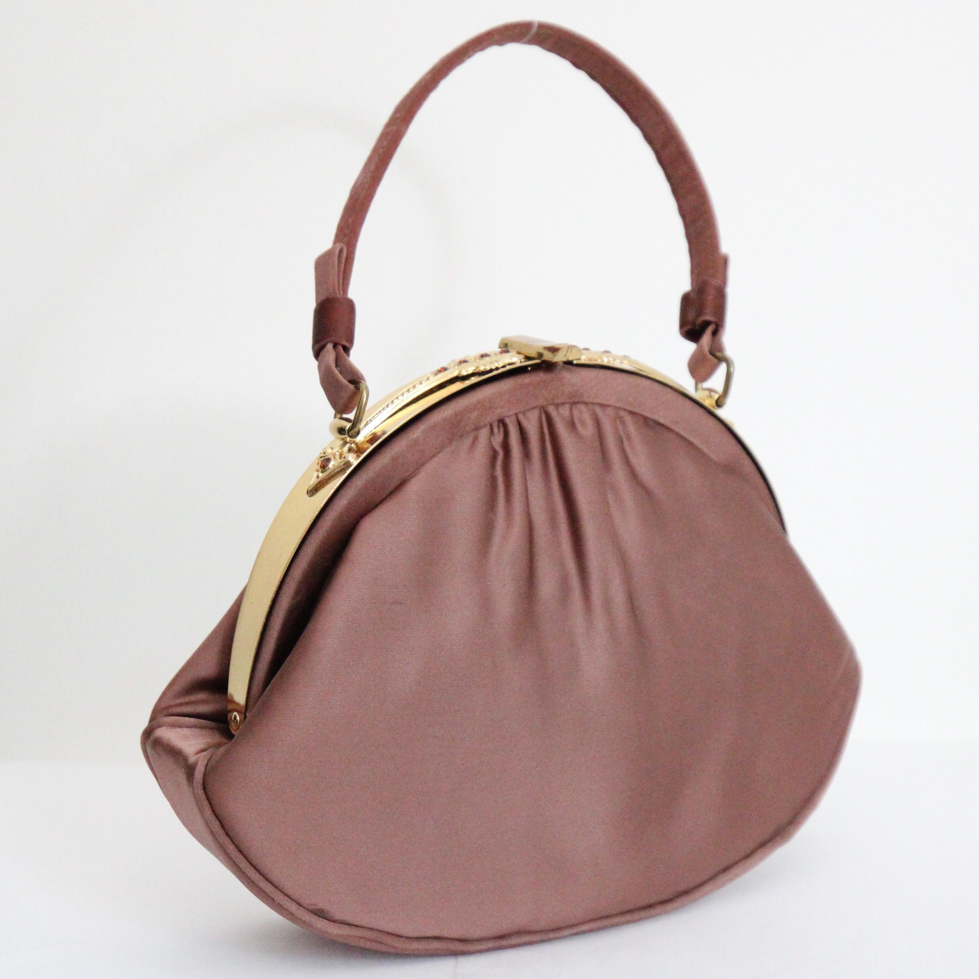 Vintage 1950's Mauve Satin Strass Abendtasche Cocktailtasche 1950s Geldbörse (Braun) im Angebot