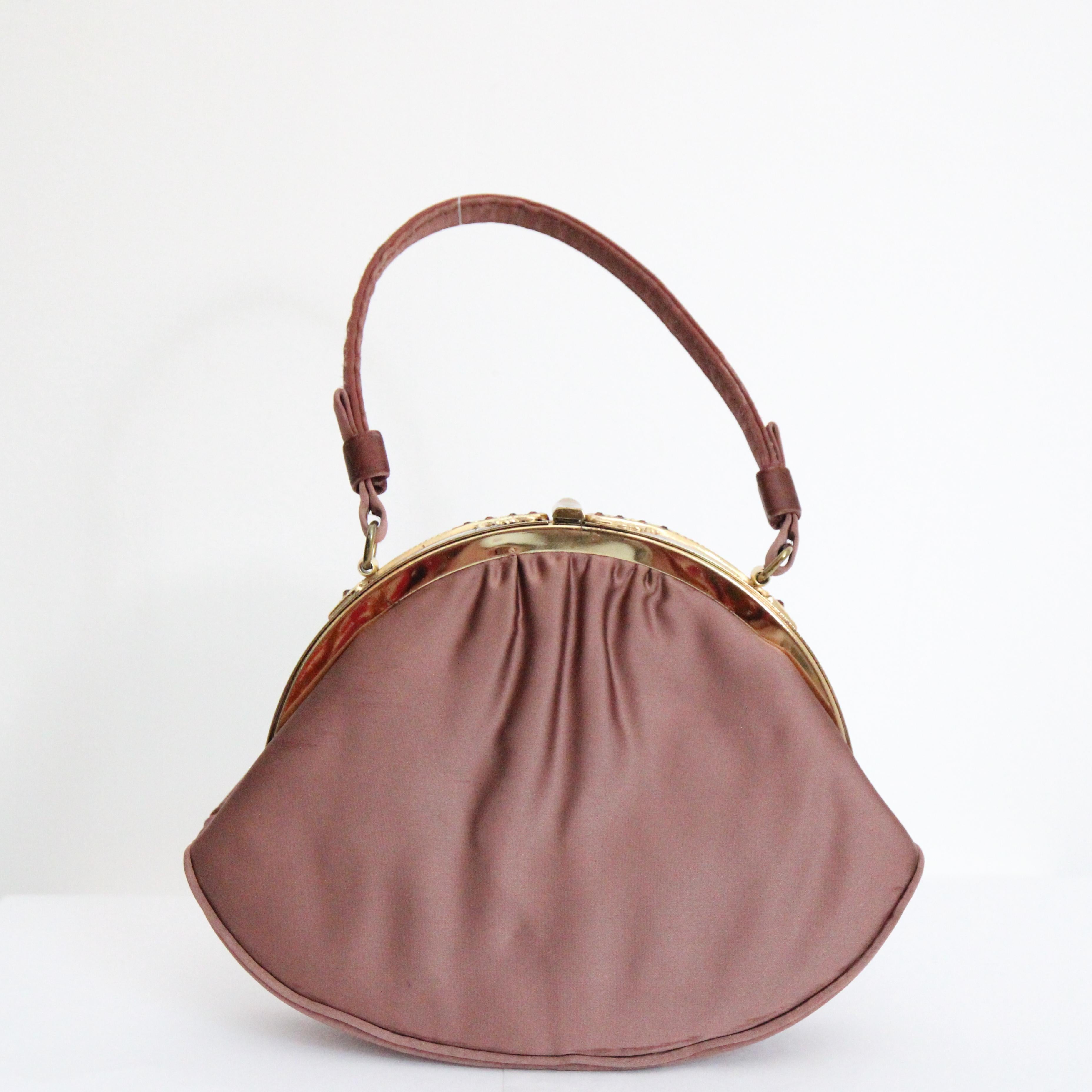 Vintage 1950's Mauve Satin Strass Abendtasche Cocktailtasche 1950s Geldbörse Damen im Angebot