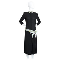 Vintage 1940's Dress Black Crepe Silk Pastel Striped Bow Detail UK 10 US 6