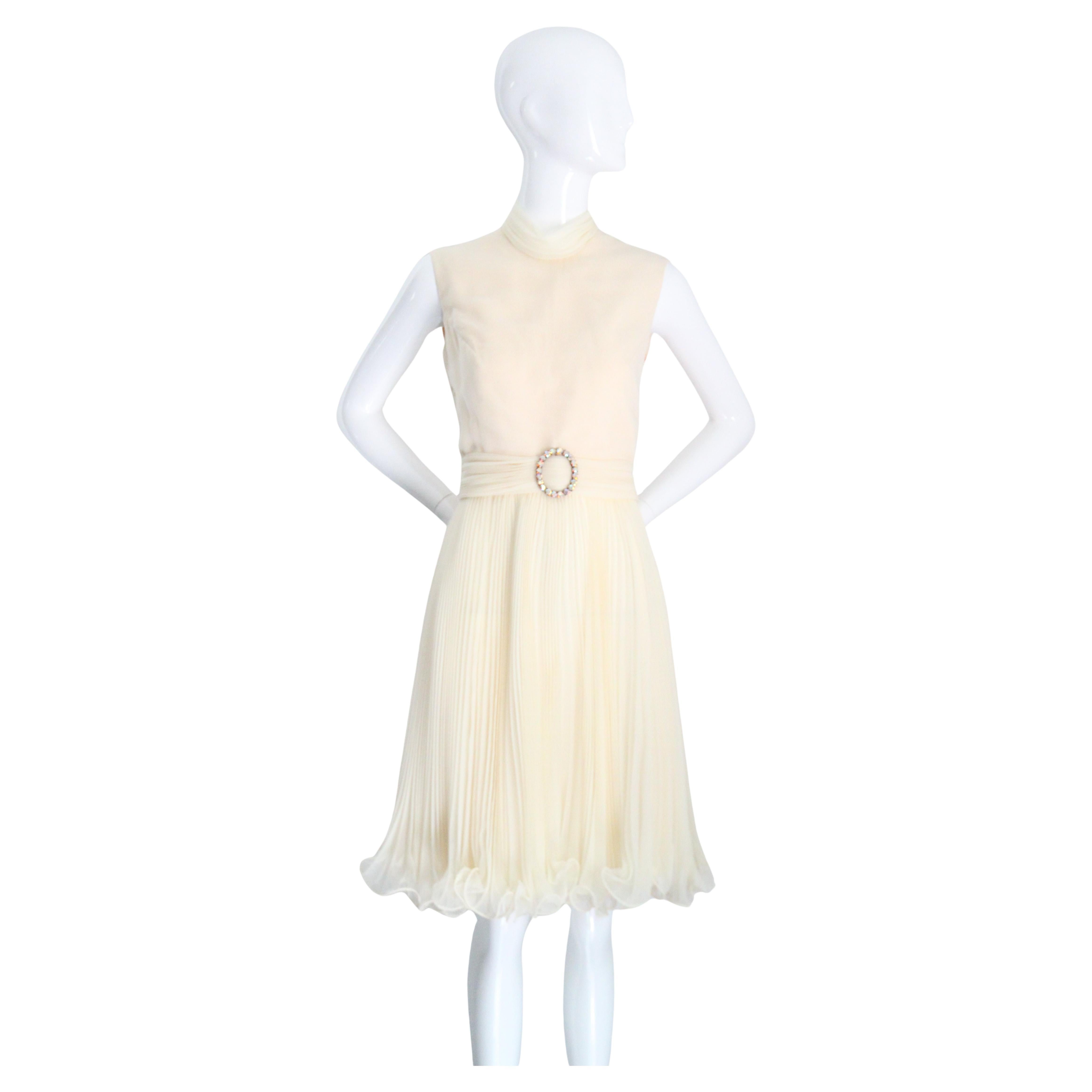 Vintage 1960's Cream Pleated Dress High Collar Rhinestone Jack Bryant UK 10 US 6
