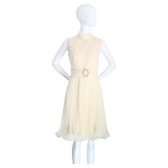 Vintage 1960's Cream Pleated Dress High Collar Rhinestone Jack Bryant UK 10 US 6