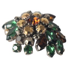 Vintage 1950's Green Rhinestone Floral Brooch Bronze & Greene Brooch Lapel Pin