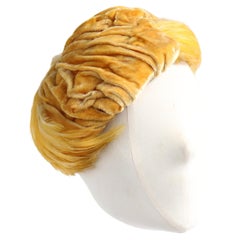 Vintage 1940's yellow velvet hat pleated velvet and feather percher hat