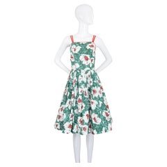 Vintage 1950's Floral Dress 1950's Cotton Floral Green Fit and Flare UK 6 US 2