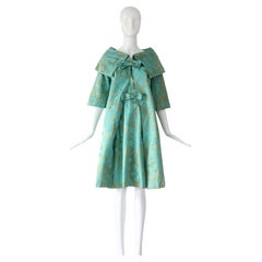 Vintage 1950
s Aqua Floral Silk Brocade Dress and Coat Ensemble UK 8 US 4
