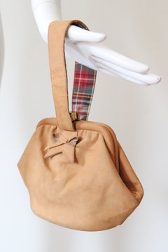 Vintage 1940s Tan Suede Wristlet Purse Tartan Lining Handbag Leather