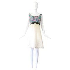 Vintage 1960s Cream Satin And Sequin Cocktail Dress US 6 UK 10