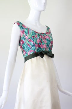 Vintage 1960s Cream Satin And Sequin Cocktail Dress US 6 UK 10