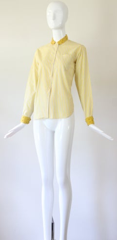 Vintage 1940s yellow pinstripe cotton button down blouse rhinestones US 4-6 UK 8
