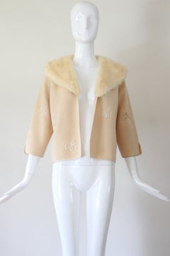 Vintage 1950s cream wool embroidered cardigan monk collar US 6-8 UK 10-12