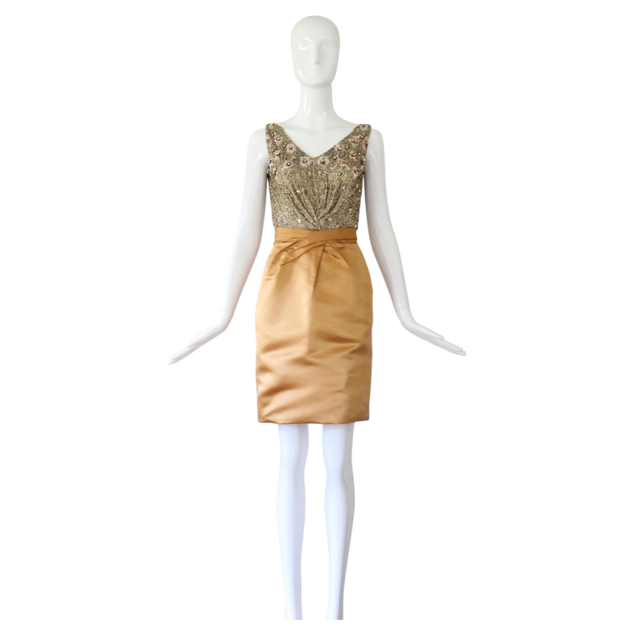 Vintage 1950's Ceil Chapman Cocktail Dress Satin Beaded and Sequin US 2 UK 6