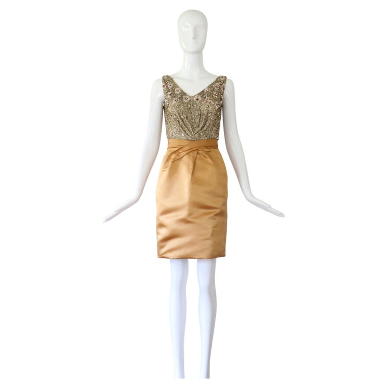 Vintage 1950's Ceil Chapman Cocktail Dress Satin Beaded and Sequin US 2 UK 6 For Sale at 1stDibs