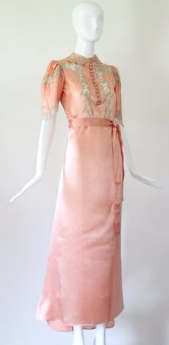 Vintage 1930s taupe floral lace & speech silk gown lingerie UK 8-10 US 4-6