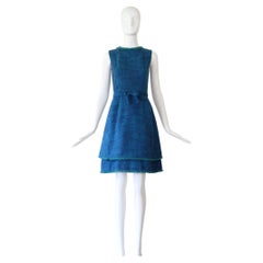 Vintage 1960s Teal Wool & Sea Green Fringed Winter Dress Bonwit Teller US 2 UK 6