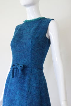 Vintage 1960s Teal Wool & Sea Green Fringed Winter Dress Bonwit Teller US 2 UK 6