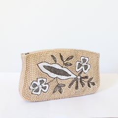 Vintage 1950s pearl beaded floral clutch bag bridal evening bag