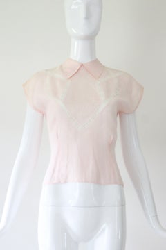 Vintage 1940s pink cotton and lace embroidered blouse US 6 UK 10