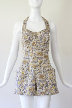 Vintage 1940's playsuit romper cotton abstract pattern US 4 UK 8