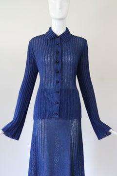 Vintage-Strickrockanzug aus den 1930er Jahren in Marineblau mit langem Cardigan, Größe US 10, UK 14