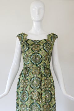 Vintage 1960s Pat Sandler Beaded Cocktail Dress Silk Paisley Green Dress US 2