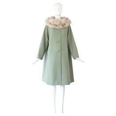 Cappotto vintage anni '50 in lana verde salvia con collo in pelliccia di volpe, modello swing, taglie US 6-10, UK 10-14
