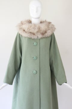 Cappotto vintage anni '50 in lana verde salvia con collo in pelliccia di volpe, modello swing, taglie US 6-10, UK 10-14