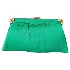 Vintage 1950s Emerald Green Satin Evening Bag Rhinestone Details After five