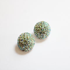 Vintage 1960's green rhinestone clip on earrings iridescent green rhinestones