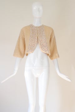 Vintage 1950s Lee Herman Cream Wool Cardigan Rhinestones and Lace US 8 UK 12