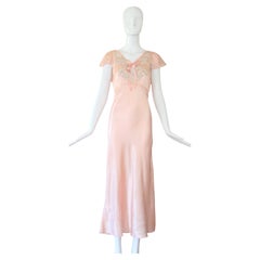 Vintage 1930's Pink Lace Nightdress Art Deco Lingerie Nightgown Cream Lace US 6