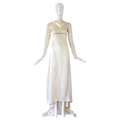 Vintage 1930's Cream Silk Satin Cowl Neck Wedding Gown Small Train US 0 UK 4