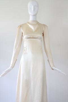 Vintage 1930's Cream Silk Satin Cowl Neck Wedding Gown Small Train US 0 UK 4