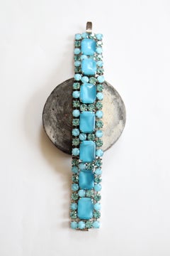 Vintage 1950's Aqua Blue Rhinestone Cuff Bracelet Statement Rhinestones
