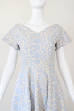 Vintage 1950's Pale Blue and Cream Embroidered Dress US 2-4 UK 6-8