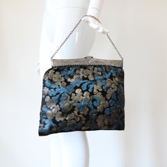 Vintage 1920s Silk Lamé Evening Bag Metal Accordion Frame Silver & Blue