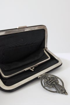 1930s Vintage Black Leather Clutch Bag with Marcasite Clasp